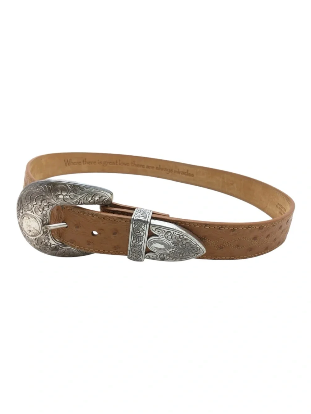 ARIAT BELT OSTRICH PRINT Tan LEATHER WESTERN SILVER TONE TIP BUCKLE